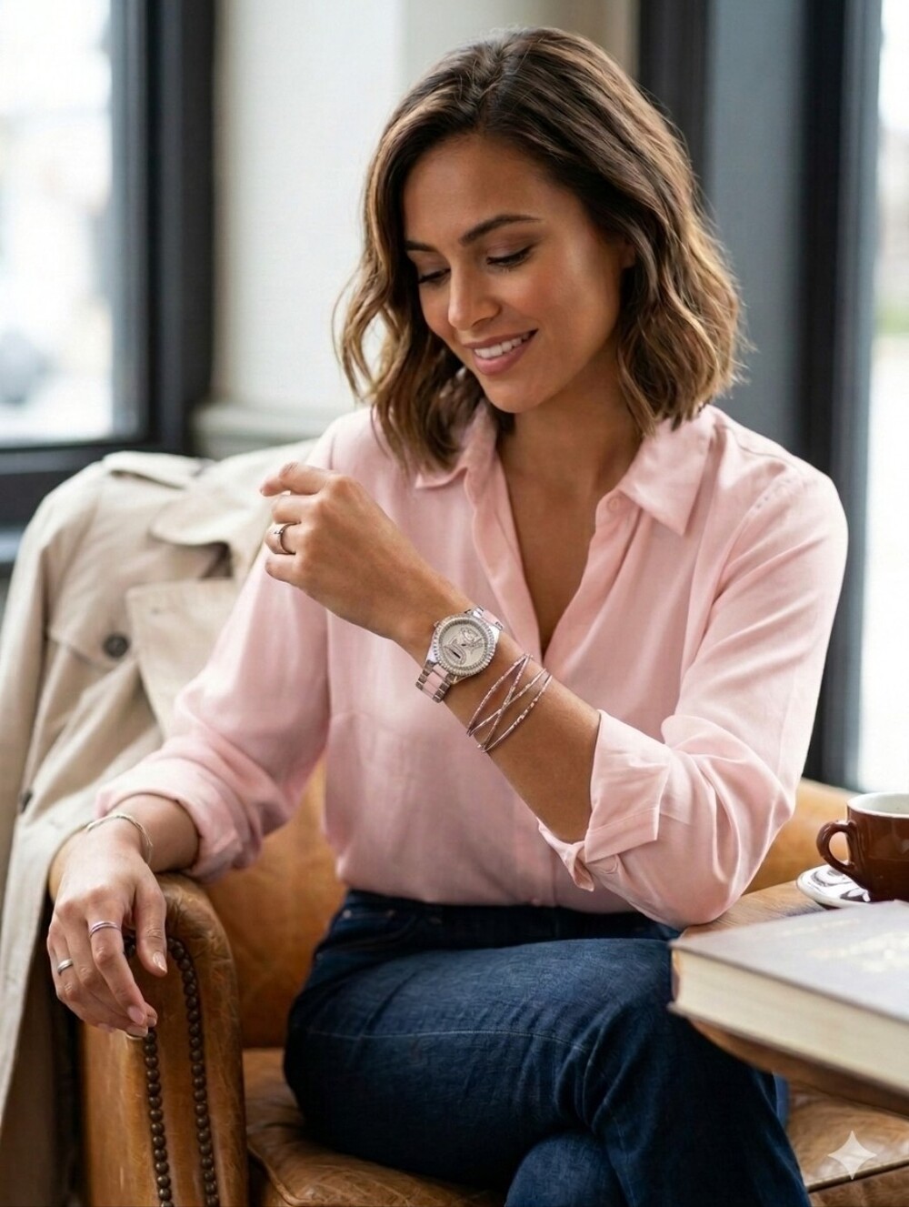 BEBE Silver & Pink Link Watch